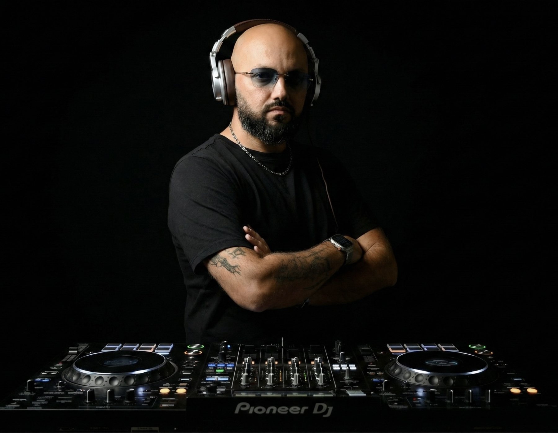 Fabrix, DJ, con cuffie e occhiali dietro la sua console Pioneer